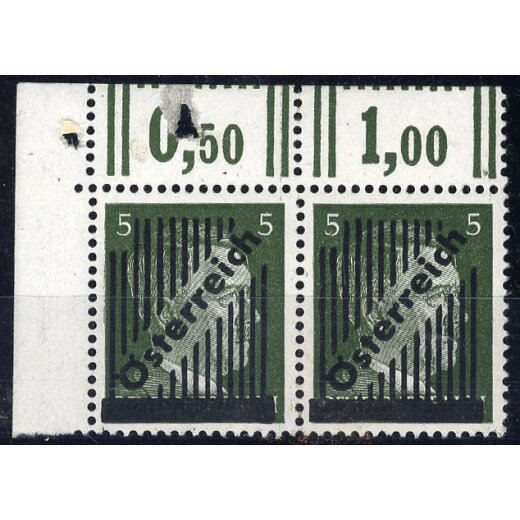 1945, III. Wiener Aushilfsausgabe, 5 Pfg., oberes Eckrandpaar Feld 1 + 2, beide mit PF "kurzes r", Prüfungsmitteilung Glavanovitz (ANK 668Ix)