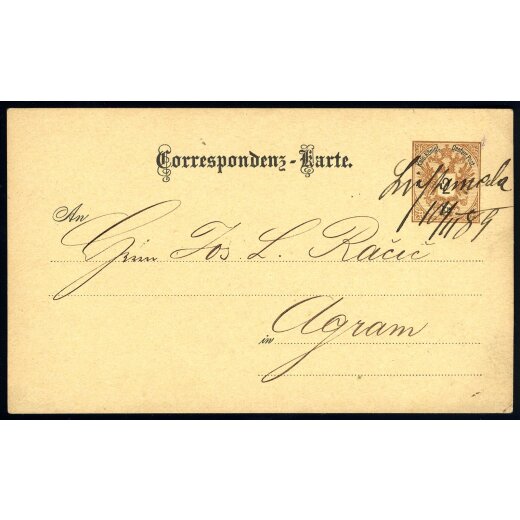 1883, "Lichtenmeda? / 10 / 11 / 89", handschriftliche Entwertung auf Karte 2 Kr. braun von Lichtenwald nach Agram