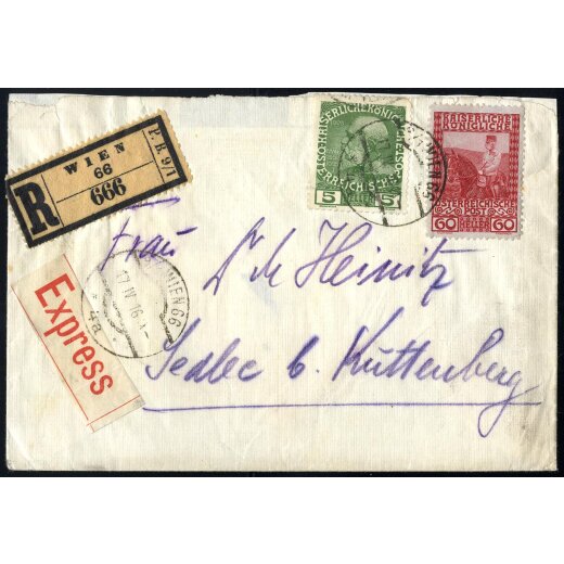 1908, Reko - Expressbrief von Wien 17.4.1916 nach Sedlec mit ANK 142x + 151 frankiert