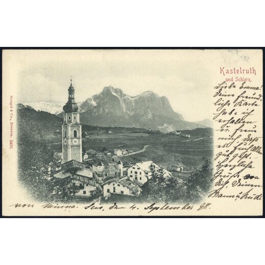1898, &quot;Seis&quot; Schraffenstempel auf &quot;Kastelruth und Schlern&quot; Karte vom 4.9.98 nach Graz mit ANK. 51