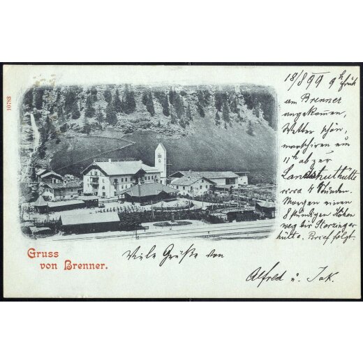 1899, "BRENNER in TIROL" Einkreisstempel in braun auf "Gruss von Brenner" Karte vom 18.8.99 nach Karlsbad mit ANK 72