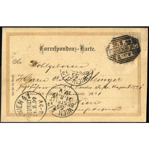 1899, Correspondenzkarte zu 2 Kr. von Eggenburg am 20.8.99 nach Wien, r&uuml;ckseitig Federzeichnung mit Gruss aus der Concentrierungsstation EGGENBURG