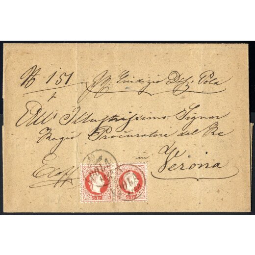 1874, &quot;14 / Januar / POLA / Fr&uuml;h / 77&quot;, zwei Einkreisstempel auf Paar 5 Kr. rot, feiner Druck, auf Brief nach Verona (S. 37II)