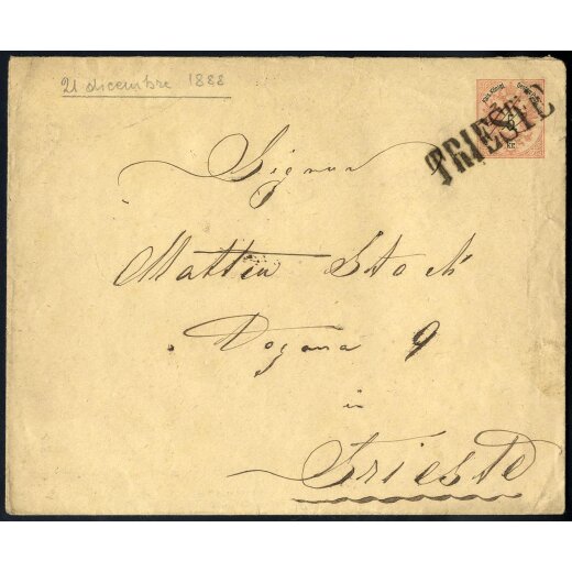 1883, "TRIESTE", Langstempel ohne Datum auf Umschlag 5 Kreuzer (Kl. 5295j / 90P.)