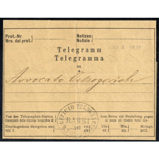 1878, &quot;UFFICIO TELEGRAFICO RABBI&quot;, Ovalstempel auf Telegramm von Triest 27.8.1878, Pracht