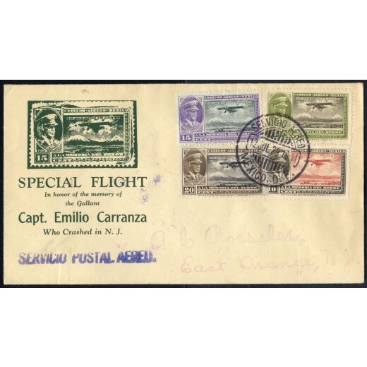 1929, Sonderflug zum 1. Todestag von Emilio Carranza. Brief nach East Orange, Sonderstempel rückseitig, Mi. 600-603