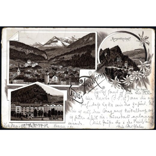 1892, "Gruss aus Feldkirch", Lithokarte in Bayern verwendet, von Immenhof 22.7.1892 nach Berolzheim mit 5 Pf. frankiert