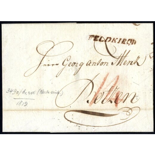 1918, "FELDKIRCH", braunroter Langstempel auf Brief vom 26.6.1819 nach Bozen, Taxe "14" gemäss der 7. Entfernungsstufe vorne (Mü. 349c)