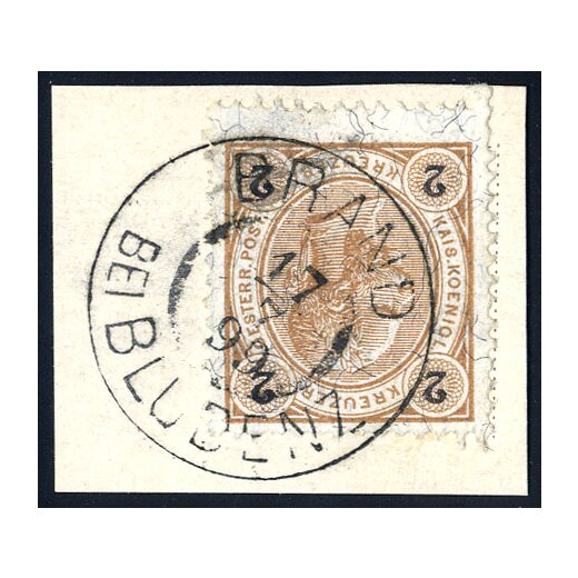 1890, &quot;BRAND BEI BLUDENZ 17 / 7 / 99&quot;, Doppelkreisstempel auf ANK 51 auf Ausschnitt, erstbekanntes Datum (Ros? 1)