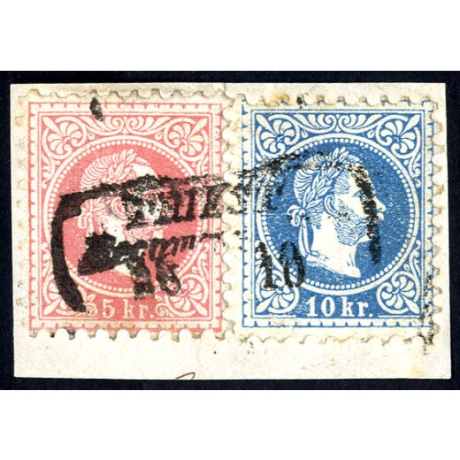 1867, 5 Kr. rot und 10 Kr. blau, beide grober Druck, auf Briefstück, mit Rekostempel von Triest entwertet (ANK 37I+38I)