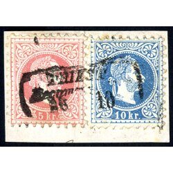 1867, 5 Kr. rot und 10 Kr. blau, beide grober Druck, auf...