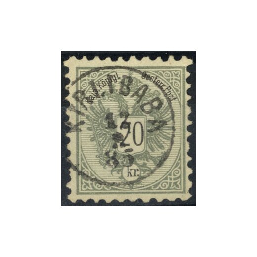1883, Fingerhutstempel "KIRIBABA 12.2.85", auf 20 Kr. olivgrau, gezähnt Bz.9 1/2, Attest Steiner "attraktives Stück", Klein 25 P., Ferch. 48a