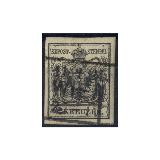 1850-54, 2 Kr. MPIIIb schwarz mit Teilstempel "11-1 N.M. WIEN 27 IV" Attest Steiner "Prachtstück" Ferch. 2MIIIb