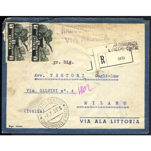 1939, Raccomandata da Asmara 7.7.1939 per via aerea a Milano affrancata con due esemplari 2 Lire &quot;Elefante&quot;, annullo d arrivo al verso (sass. 210)