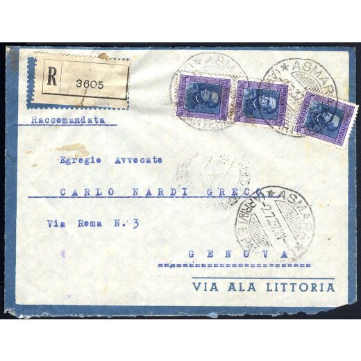 1937, Raccomandata da Asmara 2.7.1937 per via aerea a Genova affrancata per 3,75 Lire con Sass. 201x3, annullo d arrivo al verso