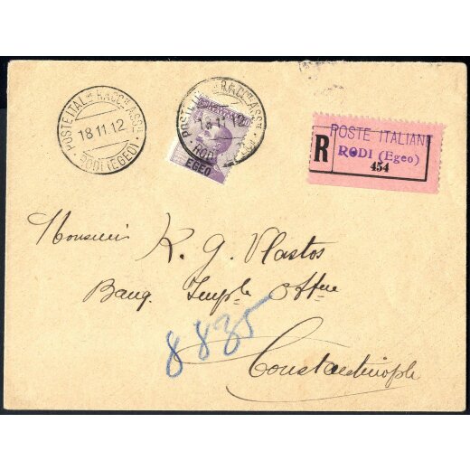 1912, 50 Cent. violetto, isolato su raccomandata da Rodi 18.11.1912 per Costantinopoli, annullo d arrivo al verso (S. 2)