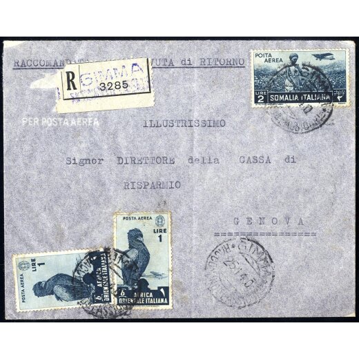 1940, Raccomandata da Gimma 25.1.1940 per Genova affrancata per 4 Lire con affrancatura mista A.O.I. Sass. A5x2 (un valore con difetti) e Somalia Sass. A23