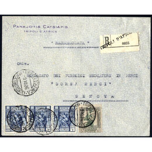 1926, Raccomandata da Tripoli 9.10.1926 per Genova affrancata per 1,85 Lire con affrancatura mista Sibilla Libica e Pittorica, annullo d arrivo al verso