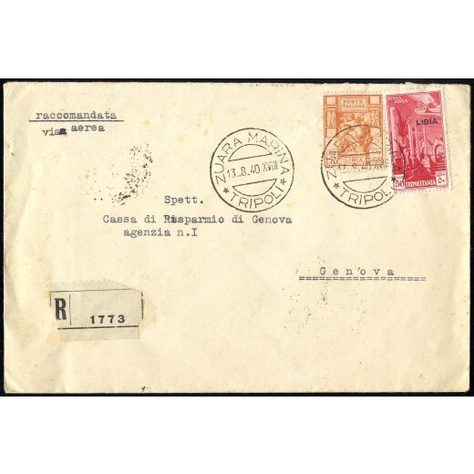 1940, Raccomandata da Zuara Marina 13.8.1940 per Genova affrancata per 2,25 Lire con Sass. 106+A28, annullo d arrivo al verso