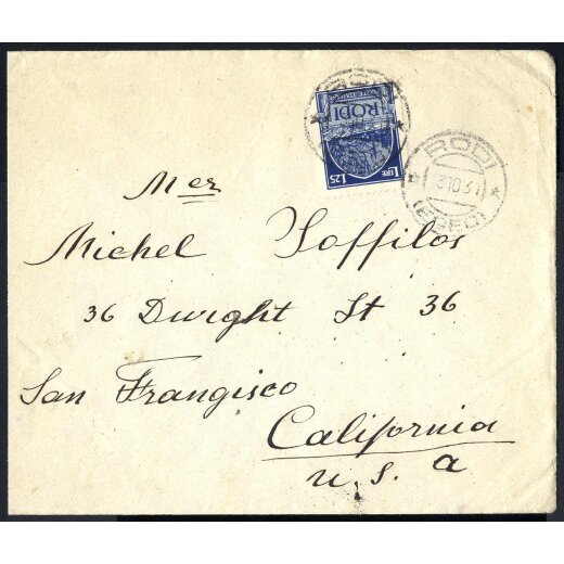 1931, Lettera da Rodi 3.10.1931 per gli Stati Uniti affrancata con Pittorica 1,25 Lire azzurro (Sass. 9)