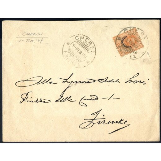 1899, lettera da Cheren il 1.2.99 per Firenze affrancata con 20 c. arancio, Umberto I soprastampato,