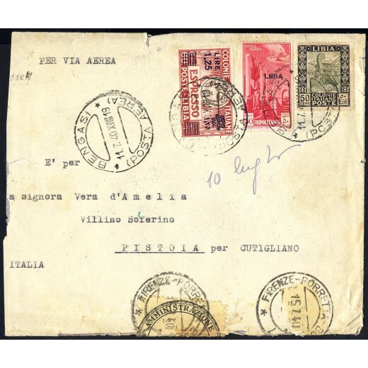 1940, lettera aerea da Bengasi il 11.7.40 per Pistoia, affrancata per 2,25 L. lettera accorciata a sinistra