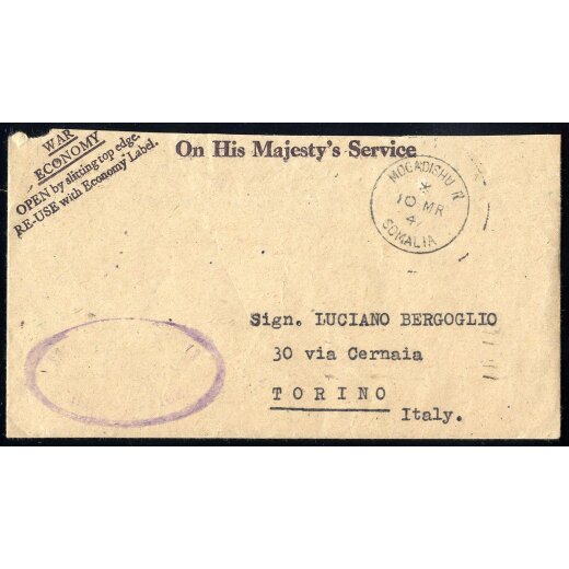 1947, lettera "On His Majesty´s Service" da Mogadishu il 10.3.47 per Torino