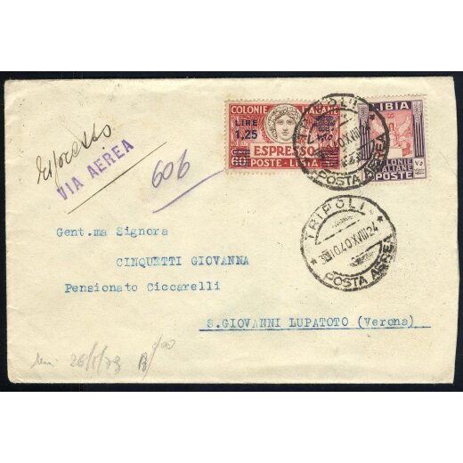 1940, lettera espresso aerea da Tripoli il 3.10.40 per S. Giovanni Lupatoto