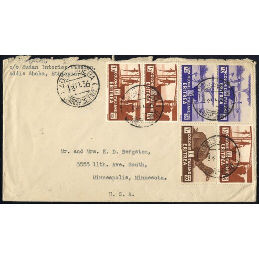 1936, lettera da Addis Abeba il 19.11.36 per Minneapolis (USA) affrancata per 1,25 L., da esaminare, Sass. 205,206,208