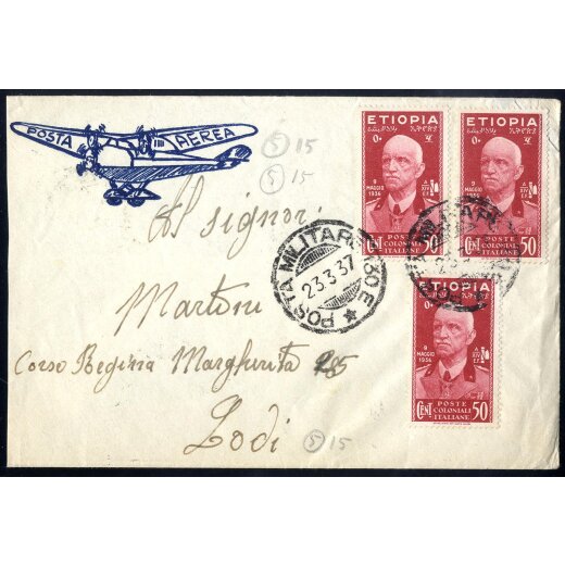 1937, lettera aerea da Posta Militare 130 E il 23.3. per Lodi affrancata con tre 50 C. Vittorio Emanuele III, Sass. 5 / 150,-