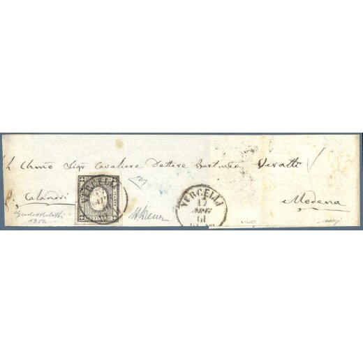 1861, fascetta per stampati da Vercelli del 17.4 per Modena affrancata con 1 c. errore di cifra a rilievo "2" in luogo di "1", certificato Enzo Diena, Sass. 19l / 40.000,-