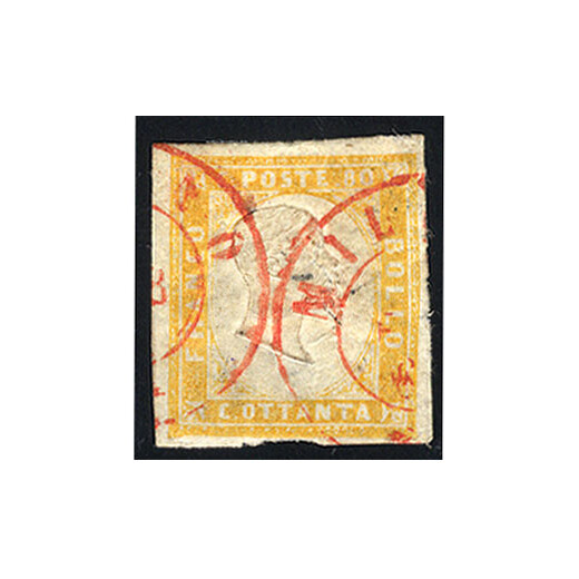1855/63, 80 Cent. giallo arancio, usato, due annulli parziali di Milano in rosso, minimi difetti, firmato Cardillo, Sassone 17 C / 650,-