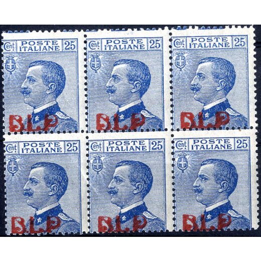 1921, B.L.P. 25 Cent. azzurro con soprastampa litografica I tipo, blocco di sei, nuovo con gomma originale integra, firmato A. Diena, cert. Raybaudi Sass. 3(6) / 4500,-