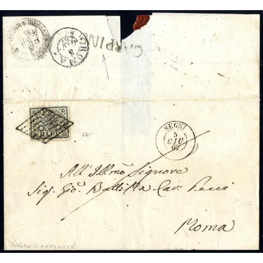 CARPINETO 1852, annullo SD al verso di lettera del 5.6.1867 per Roma affrancata con 2 Baj. bianco, splendida (Sass. 3A - 7P.)