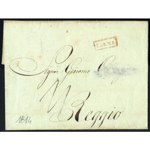 1814, &quot;PARMA&quot;, annullo in cartella in rosso su lettera del 1.6.1814 per Reggio