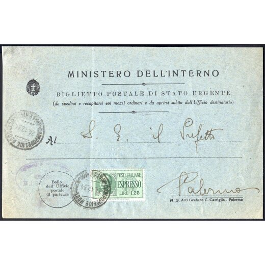 1934, &quot;Biglietto postale di stato urgente&quot;, grande &quot;frontespizio&quot; da Campofelice di Roccella 23.12.1934 per Palermo affrancato con espresso 1,25 Lire verde (Sass. E15)