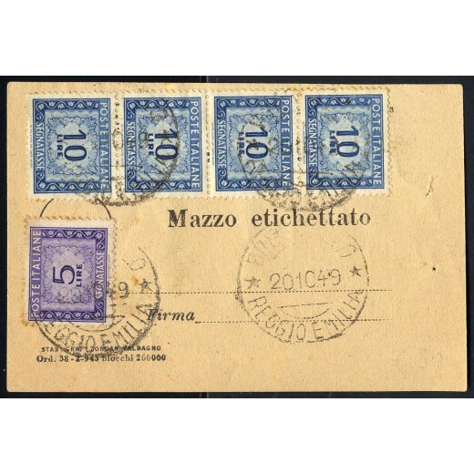 1949, cartoncino "Mazzo etichettato" affrancato per 45 L. segnatassa