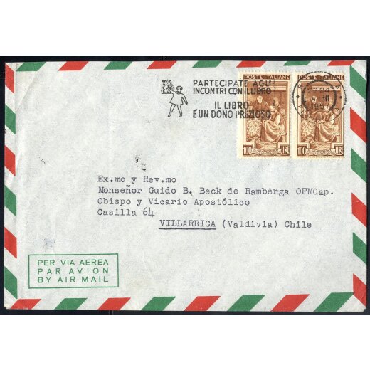 1957, lettera aerea da ROMA 4.3.57 per Villarrica (Chile), affrancata per 200 l. con coppia 100 l. Lavoro, Sass. 651