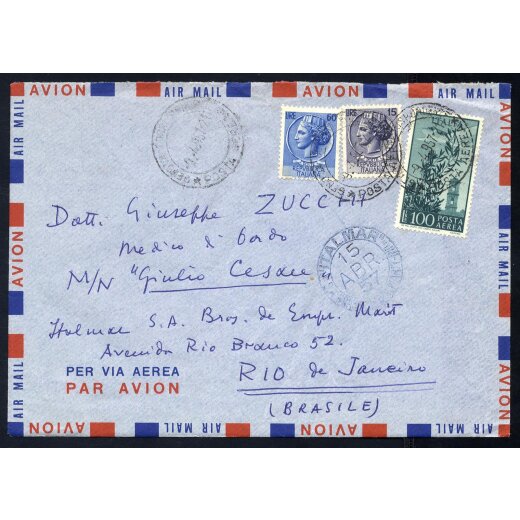 1957, lettera aerea da Genova il 9.4.57 per Rio de Janeiro affrancata per L. 175, timbro a lato in azzurro "ITALMAR"