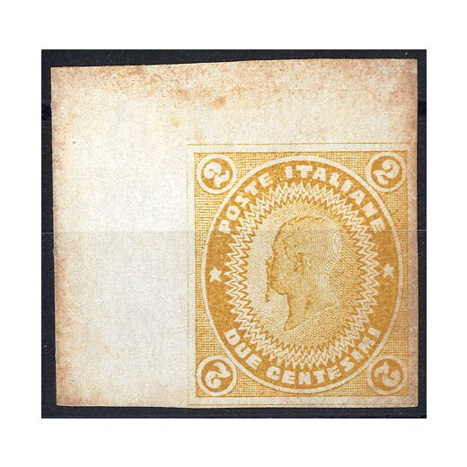 1862, Saggio Pellas, 2 Cent. ocra arancio, angolo di foglio (U. 9)