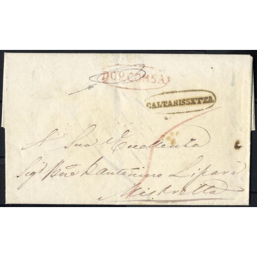 "CALTANISETTA", annullo ovale su lettera del 27.3.1853 per Mistretta, annullo "DOP. CORSA" in vinaccia sul fronte