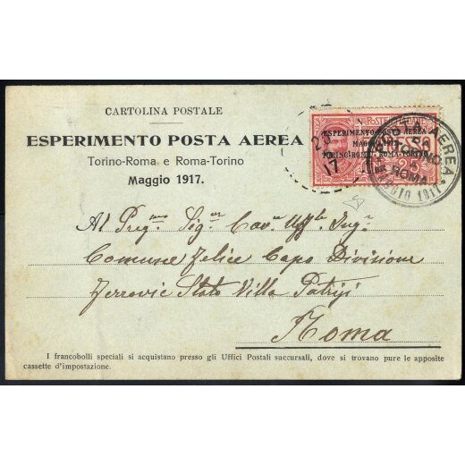 1917, cartolina posta aerea affrancata con 25 c. aerea del volo di andata &quot;Torino-Roma&quot; timbrata il 20.5., firmata ED, Sass. GP 1