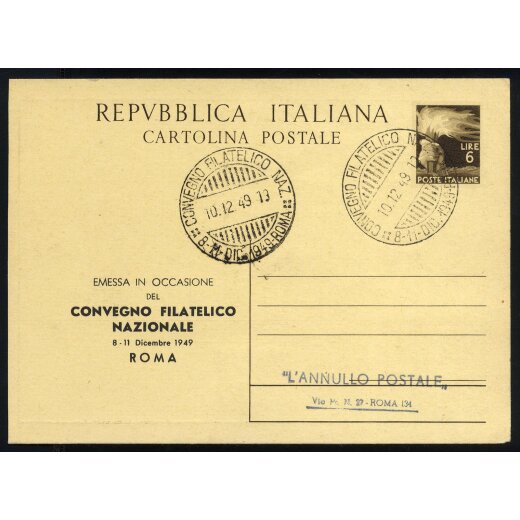 1949, Cartolina postale di 6 l. in uso filatelico per il convegno filatelico nationale di Roma con sul verso 75 anni di unione postale universale con un 20 c. V.E. II azzurro e 20 l. Democratica, Laser 138