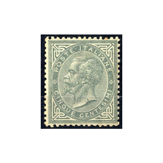 1866, De La Rue, 5 Cent. grigio verde, tiratura di Torino, gomma integra, piega d angolo e un dentino colorato in alto, cert. Caffaz (S. T16)