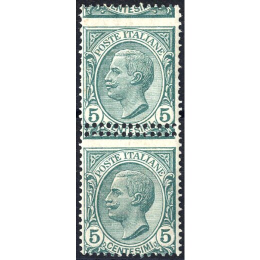 1906, Leoni, 5 Cent. verde, coppia verticale con variet? di dentellatura non catalogata, difetti (S. 81)