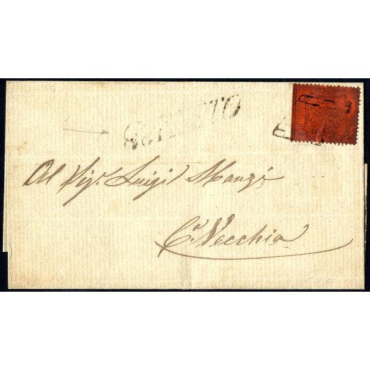 "CORNETO", annullo SI su lettera del 14.8.1868 per Civitavecchia affrancata con 10 Cent. dentellato (S. 26 - 8P. / 900,-)