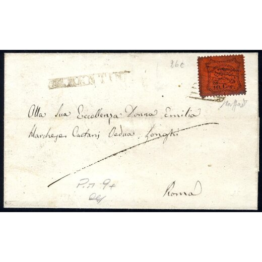 "FERENTINO", annullo SD su lettera del 30.10.1868 per Roma affrancata con 10 Cent. dentellato, firm. Caffaz (S. 26 - 7P. / 550,-)