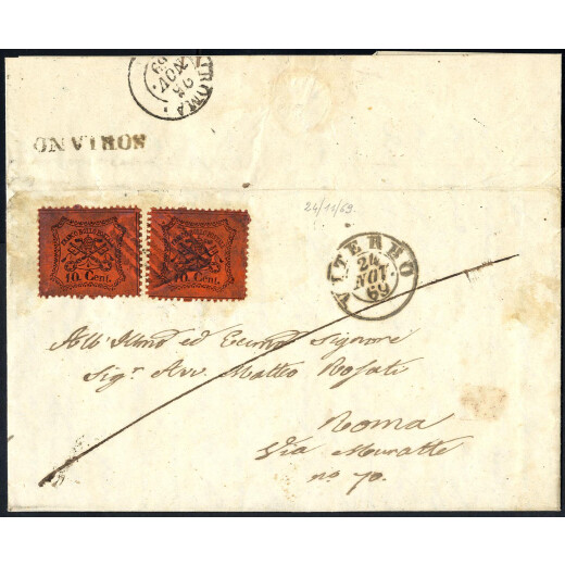 &quot;SORIANO&quot;, annullo SD sul verso di lettera del 24.11.1869 per Roma affrancata con due esemplari 10 Cent. dentellato (S. 26 - 8P. / 900,-)