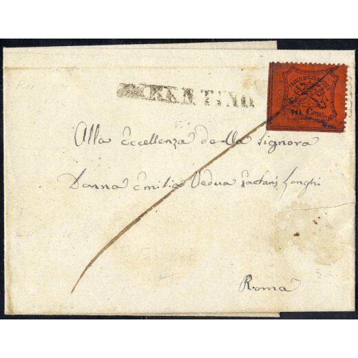1868, lettera affrancata con 10 c. da Ferentino il 2.8. per Roma con annullo SD (9 P), sul verso ambulante Roma-Ceprano, Sass. 26