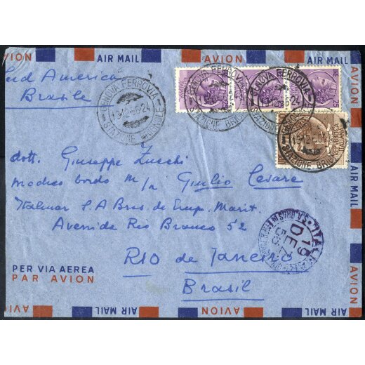 1956, lettera aerea da Genova il 13.12. per Rio (Brasile) affrancata per 175 l. con striscia di tre 25 l. e 100 l. Siracusana, lettera leggermente accorciata a sinistra